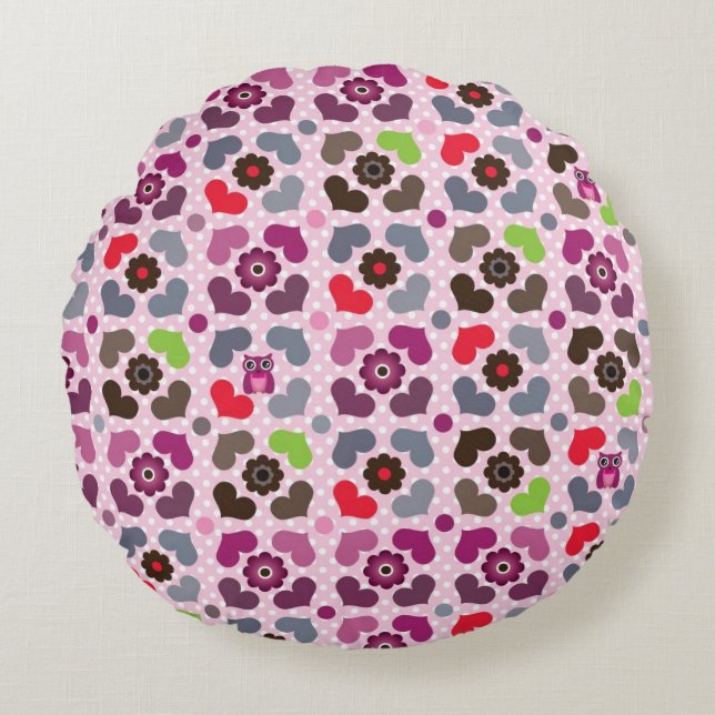 Coussins Ronds motif rose de fleurs et de hiboux (Devant)