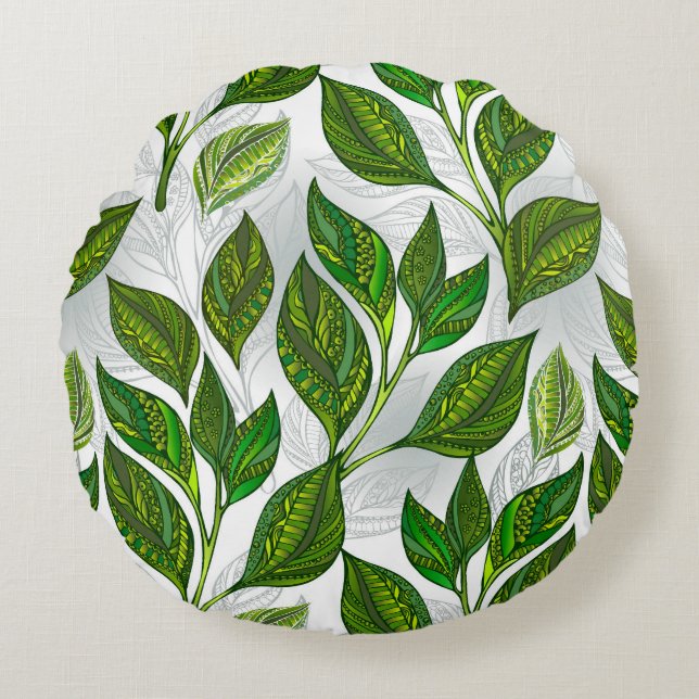 Coussins Ronds Motif sans couture avec Feuilles de thé vert (Devant)