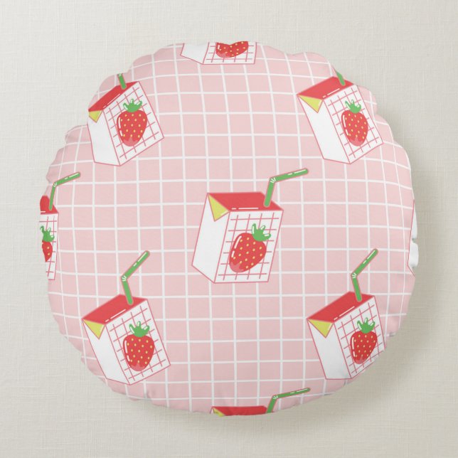 Coussins Ronds Motif sans couture avec lait de fraise caricaturé  (Devant)