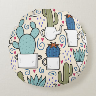 Coussins Ronds Motif sans couture avec lama, cactus dessinés à