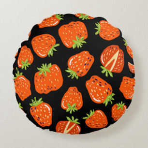 Coussins Ronds Motif sans couture avec petites fraises sur noir