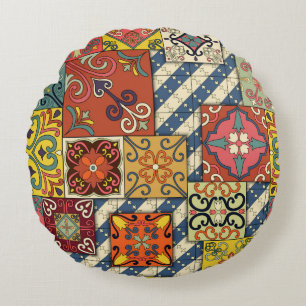 Coussins Ronds Motif sans couture avec tuiles portugaises en tala