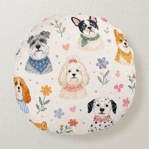 Coussins Ronds Motif sans couture de chiot pastel Chien peint à
