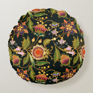 Coussins Ronds motif sans couture décorative. Fleurs boucles feui