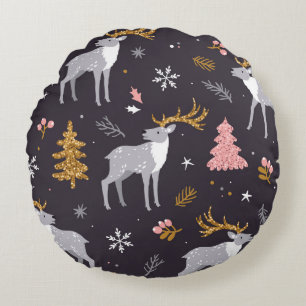 Coussins Ronds motif sans soudure avec rennes, sapins et sapins