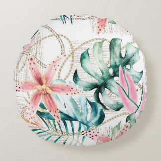 Coussins Ronds Motif sans soudure tropicale avec feuilles d'orchi