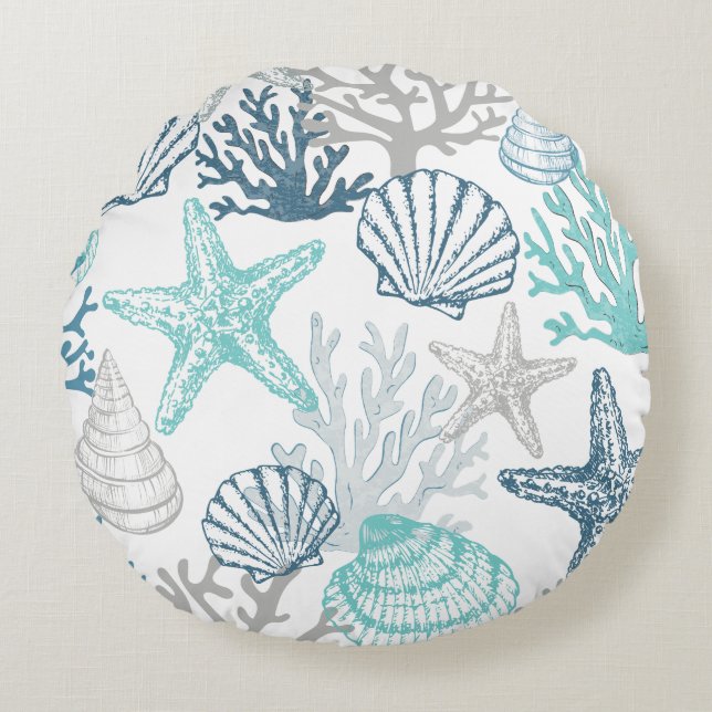 Coussins Ronds Motif Seashell Starfish Bleu Et Turquoise (Devant)