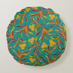 Coussins Ronds Motif tropical avec feuilles rouges et jaunes