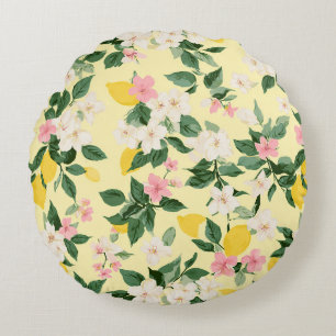 Coussins Ronds Motif vintage citron et fleurs sur jaune