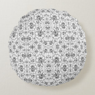 Coussins Ronds Motifs de fleurs sans couture noir blanc mignons