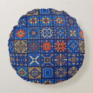 Coussins Ronds Motifs géométriques d'art folklorique bleu cobalt