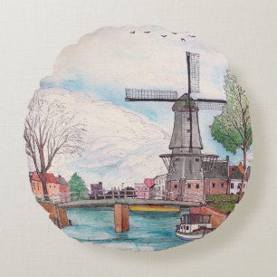 Coussins Ronds Moulin De Adriaan Haarlem Pays-Bas Aquarelle