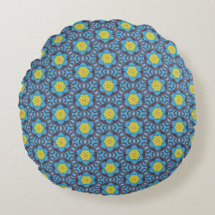 Coussins Ronds MVB Motif bleu rétro avec design Fleur Jaune