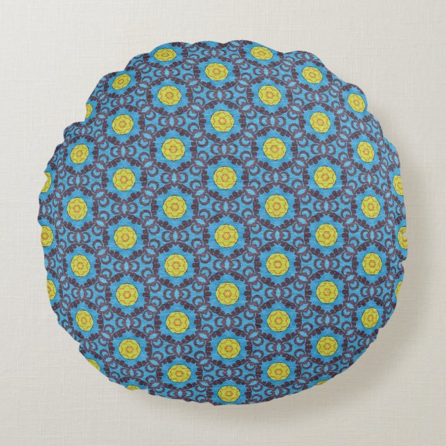 Coussins Ronds MVB Motif bleu rétro avec design Fleur Jaune (Devant)