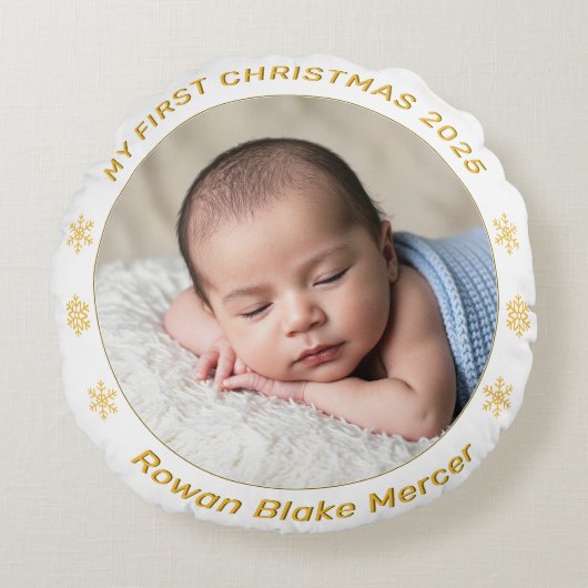 Coussins Ronds My First Christmas Gold Personalized Baby Photo (Devant)