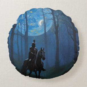 Coussins Ronds Mystérieux Chevalier Noir dans la Forêt Lune