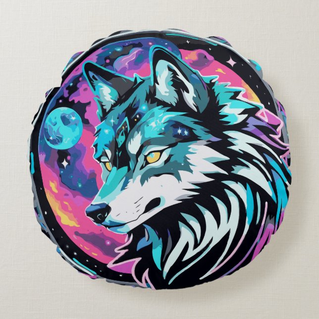 Coussins Ronds Mystic Cosmic Wolf Round Pillow (Devant)