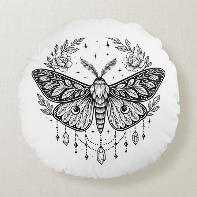Coussins Ronds Mystical Gothic Moth Botanical Celestial Line Art  (Devant)
