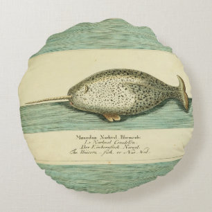 Coussins Ronds Narwhal Antique Baleine Aquarelle Art scientifique