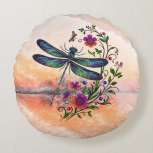 Coussins Ronds Nature Colorée Libellule Vibrante Art Floral