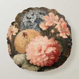 Coussins Ronds Nature morte florale vintage avec floraison rouge 