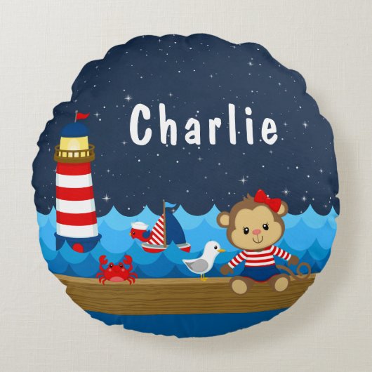 Coussins Ronds Nautical Girl Monkey Rouge et Marine (Devant)