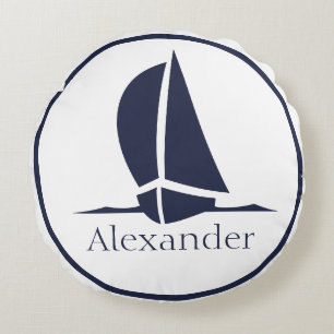 Coussins Ronds Nautical White Sailboat Navy blue Coastal Monogram