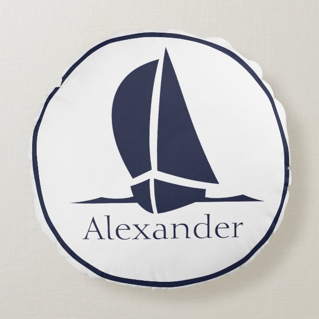 Coussins Ronds Nautical White Sailboat Navy blue Coastal Monogram (Devant)