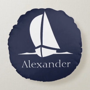 Coussins Ronds Nautical White Sailboat Navy blue Coastal Monogram