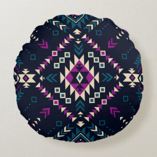 Coussins Ronds Navajo tribal foncé, géométrique vintage.