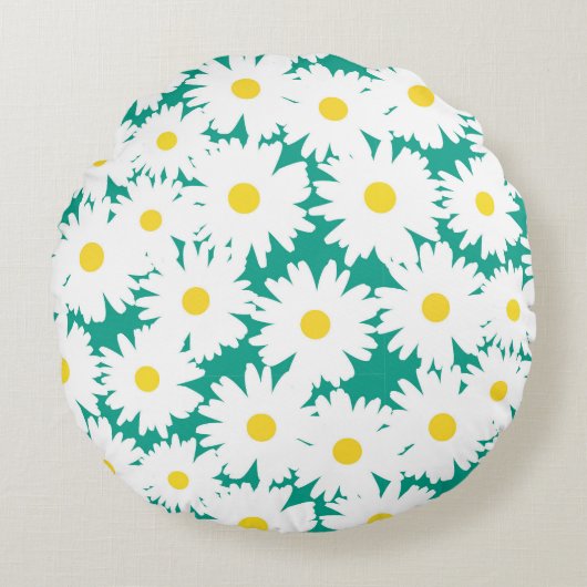 Coussins Ronds Négative Space Daisies blanc jaune sur vert (Devant)