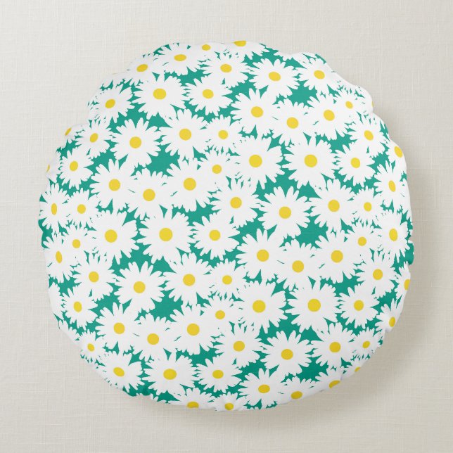 Coussins Ronds Négative Space Daisies blanc jaune sur vert (Devant)