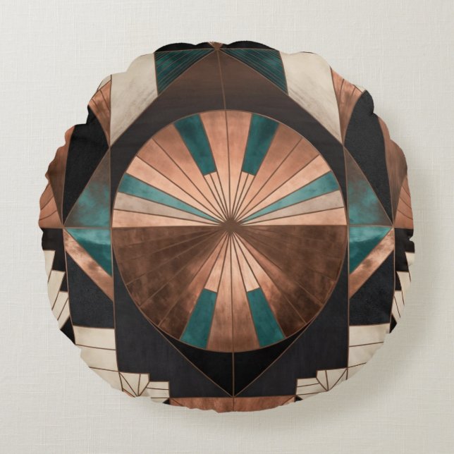 Coussins Ronds Neo Art Deco Geometric Teal Copper Gold Sunburst (Devant)