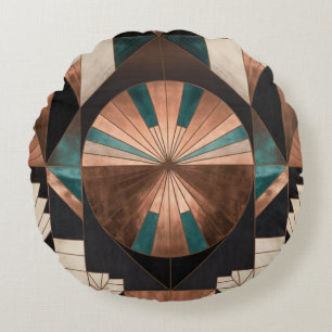 Coussins Ronds Néo Art Déco Géométrique Turquoise Cuivre Or Solei
