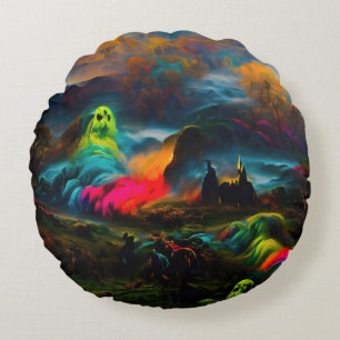 Coussins Ronds Neon Ghosts dans un paysage d'Imaginaire hanté