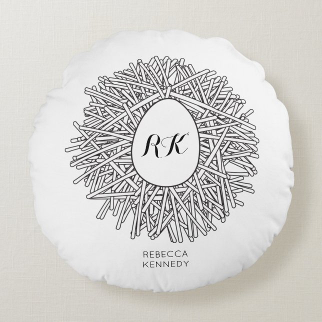 Coussins Ronds Nid et oeuf mignons - Initiales et nom personnalis (Devant)