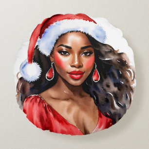Coussins Ronds Noël Black Woman Santa Hat
