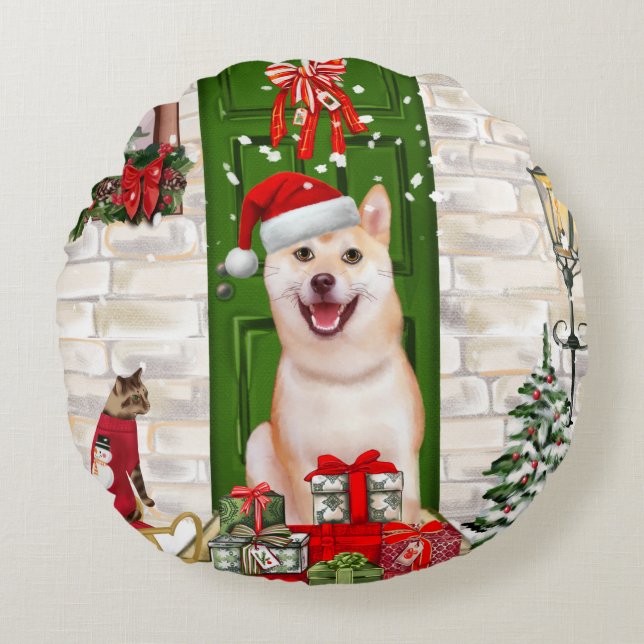 Coussins Ronds Noël de Chien Shiba Inu (Devant)