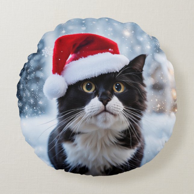 Coussins Ronds Noël du chat noir et blanc (Devant)