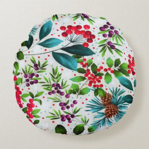 Coussins Ronds Noël hiver Bois Nature Holly Berry Pinecones
