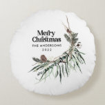 Coussins Ronds Noël moderne élégante aquarelle botanique<br><div class="desc">Aquarelle rustique noire moderne et élégante séchée botanique florale teintes muettes décoration de Noël de Noël.</div>