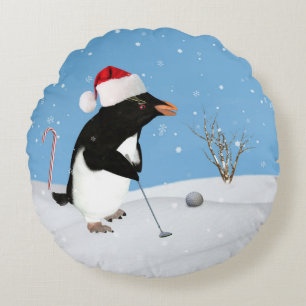 Coussins Ronds Noël, pingouin jouant au golf