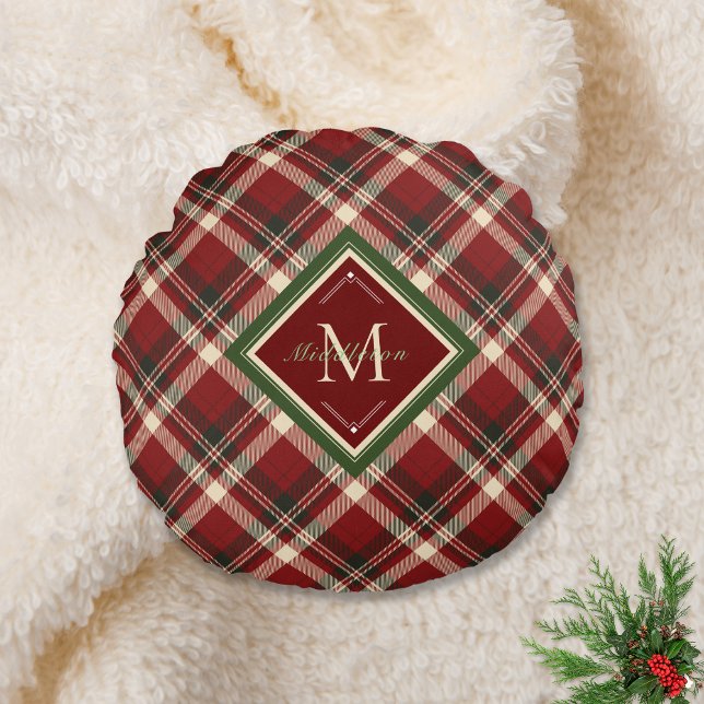 Coussins Ronds Noël Russe Plaid Rouge Monogramme Nom Fête (Créateur téléchargé)
