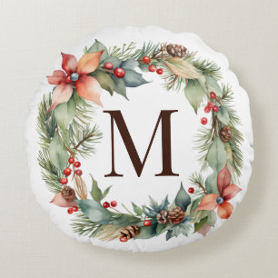 Coussins Ronds Noel Rustique Holly Poinsettia Wreath Monogramme