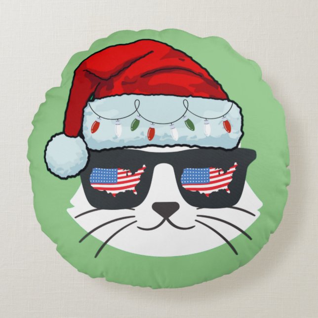 Coussins Ronds Noël Santa Hat avec visage de chat Usa Flag Speds (Devant)