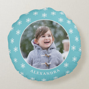 Coussins Ronds Noël Snowflakes Nom photo Blue