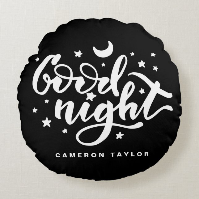 Coussins Ronds Noir et blanc Calligraphie moderne Bonne nuit (Devant)