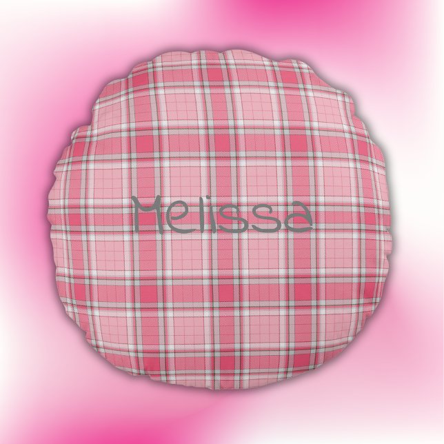 Coussins Ronds Nom de la plaque rose et blanc Monogramme | (Créateur téléchargé)