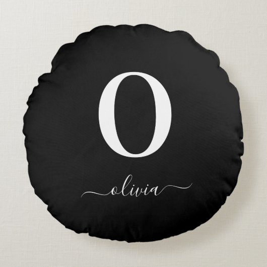 Coussins Ronds Nom de script Monogramme Personnalisé Noir Et Blan (Devant)