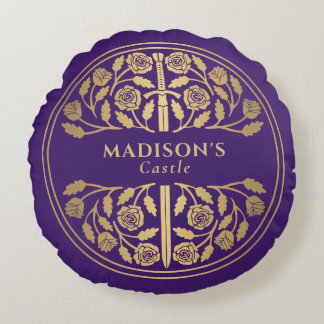 Coussins Ronds Nom d'épée médiévale de fantasy royale or violet